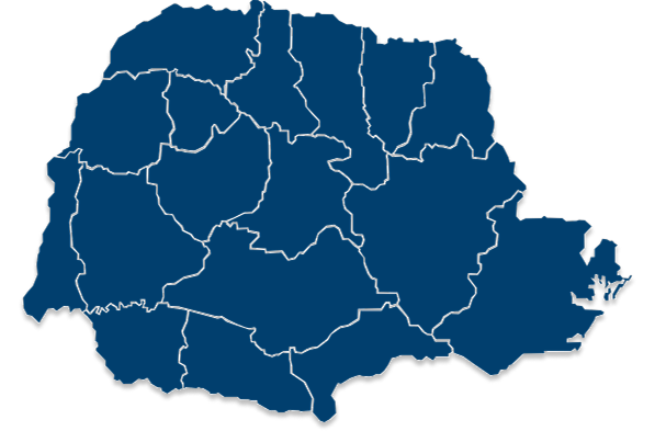 Mapa da Região Metropolitana de Curitiba com áreas atendidas para fornecimento de espuma sob medida e tecidos impermeáveis para estofarias e fabricantes de móveis.