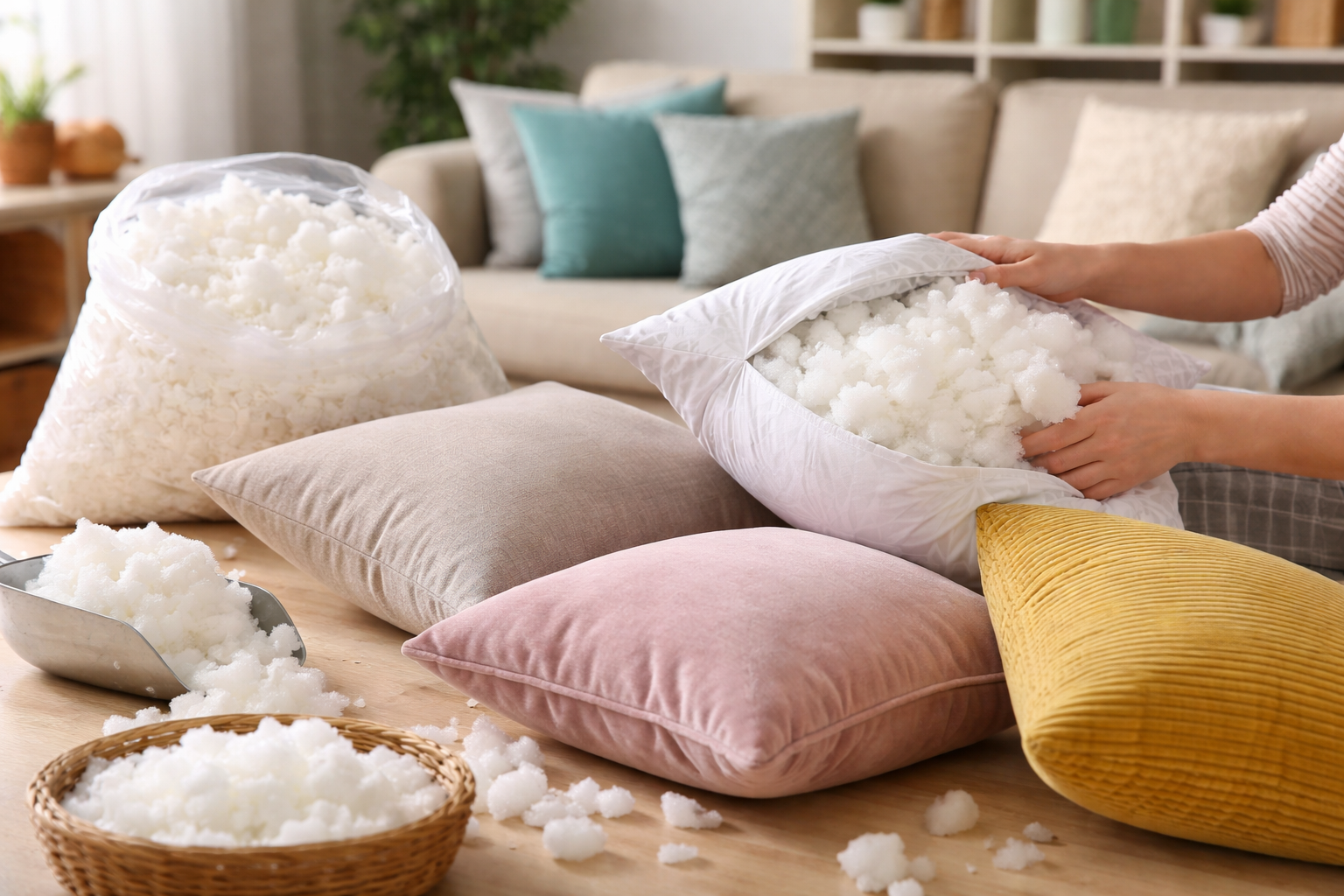 Enchimento de almofadas com espuma triturada, mostrando 1 kg de espuma sendo distribuído em almofadas de diferentes tamanhos em ambiente doméstico.